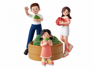 立体卡通一家人端午节吃粽子C4D模型