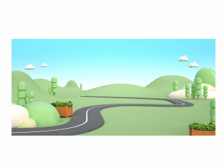 立体卡通春季绿色草坪公路场景C4D模型