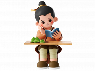 立体卡通端午节古风男孩看书吃粽子C4D模型