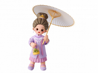立体卡通端午节古装打伞女孩拿粽子C4D模型