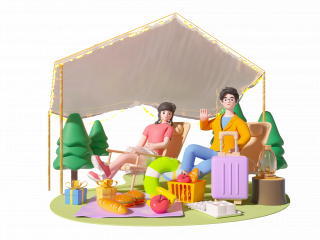 立体卡通情侣户外野餐C4D模型