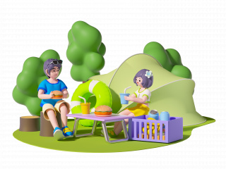 立体卡通情侣户外野营聚餐C4D模型