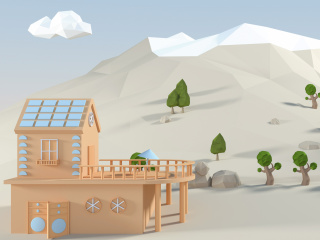 立体卡通高山房屋背景C4D模型