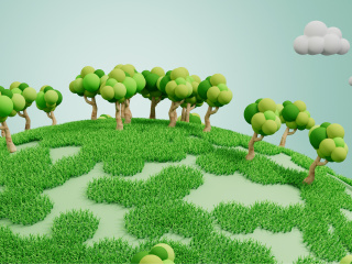 立体卡通春天绿草树木场景C4D模型