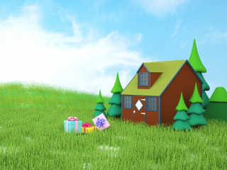 立体卡通绿色草坪房屋树木C4D模型