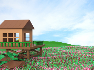 立体卡通春季鲜花草坪房屋场景C4D模型