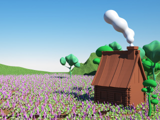 立体卡通春季花园房屋背景C4D模型