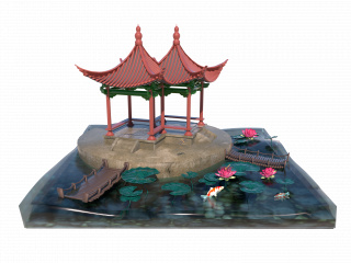 立体中式建筑池塘C4D模型
